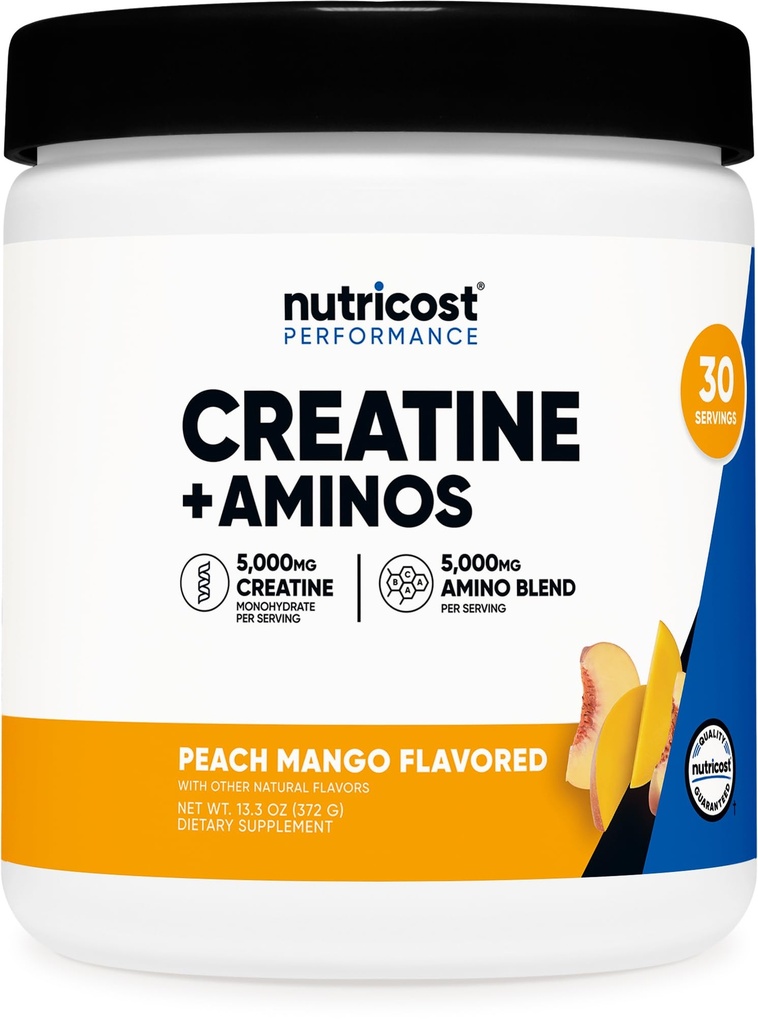 Nutricost Creatine + Aminos 30 portions (arôme de mangue de pêche) - 5 000mg Creatine Monohydrate + 5000mg Amino BCAA Blend par portion