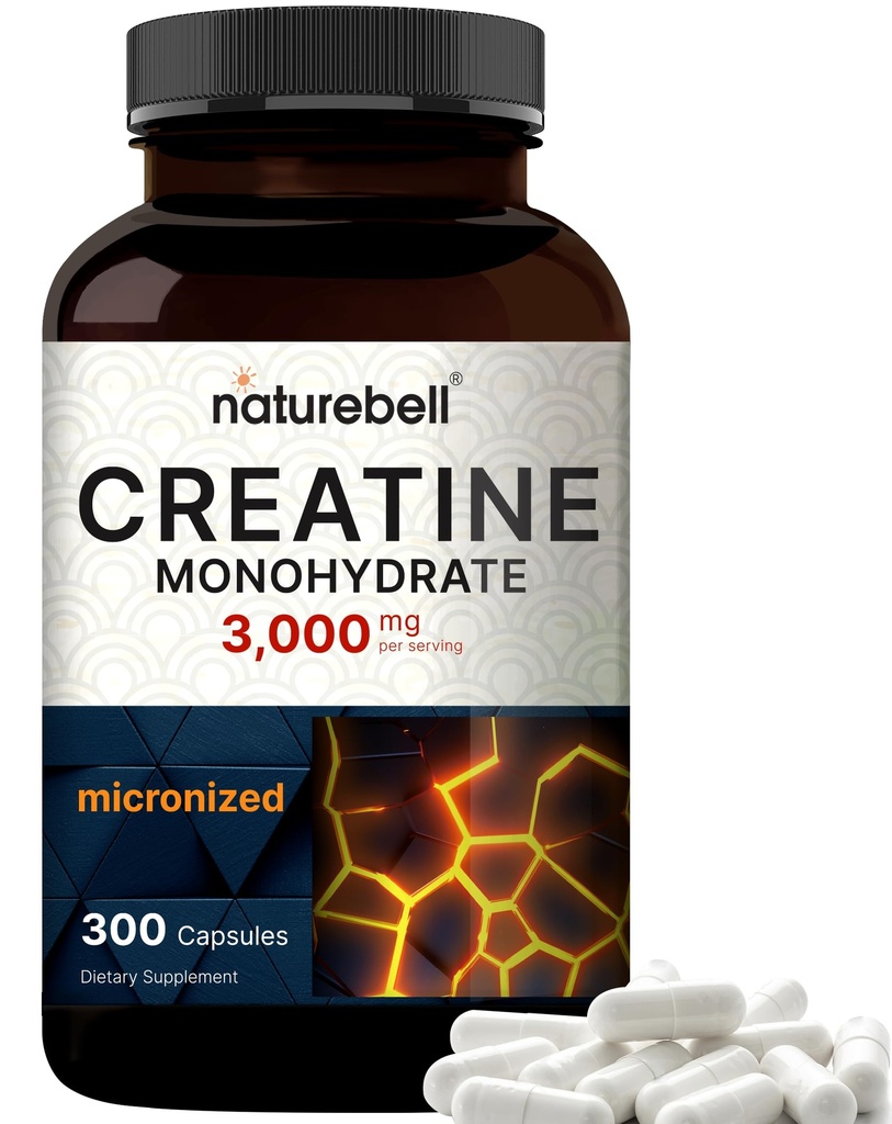NatureBell Creatine Capsules monohydratées 3 000mg par portion, 300 Nombre de pilules micronisées, non aromatisées de créatine.