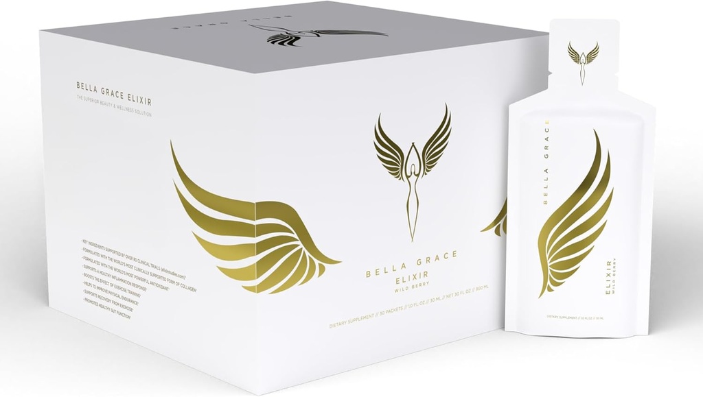 Bella Grace Elixir Collagen Peptides Supplément pour les soins de la peau et la santé avec Verisol Collagen, AstaReal Astaxanthin et Cats Claw, soutient la régénération du collagène, la protection antioxydante, 30 portions