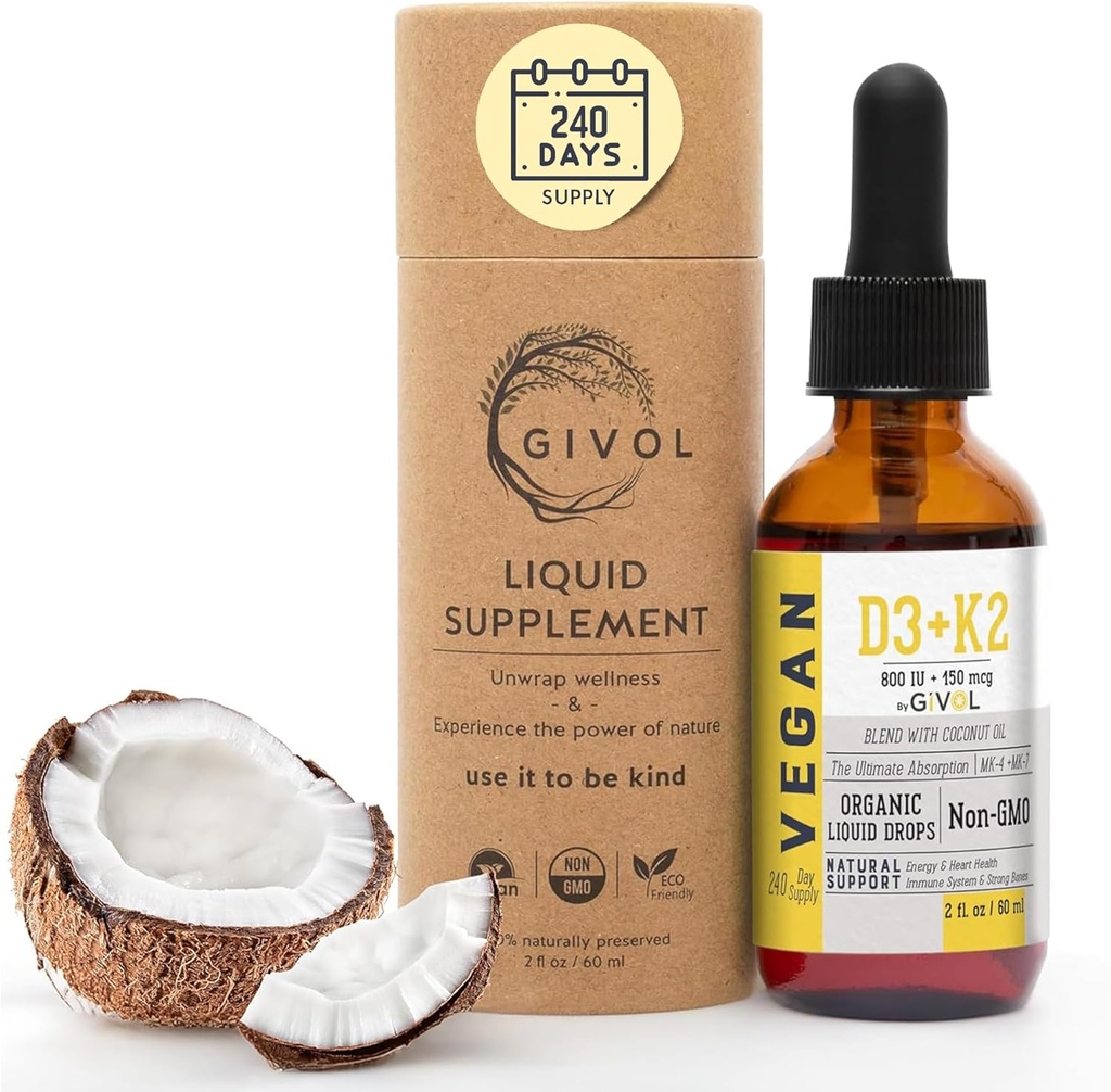 Vitamine D3 + K2 gouttes liquides (MK4 et MK7) Huile de coco fractionnée biologique, végétale, sans gluten, sans lait, sans soja, sans noix - haute puissance, dérivé de lichen et de Natto, 2oz 240 jours d'approvisionnement