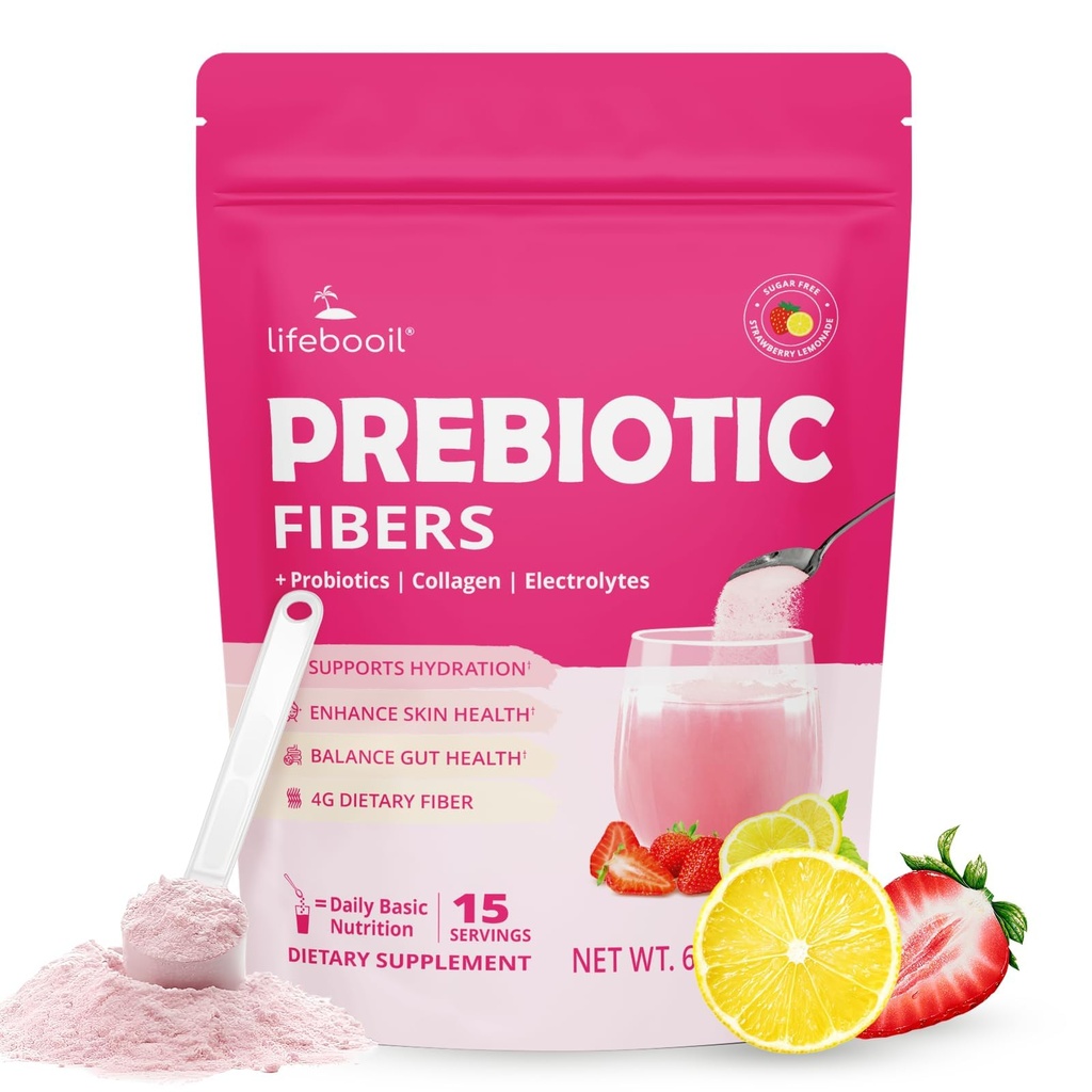 Supplément de fibre quotidienne pour les femmes et les hommes, poudre de fibre avec probiotiques, collagène et électrolytes- soutient la santé digestive et gustative, gelage Relief, sans sucre, fraise citron parfum, 15 portions