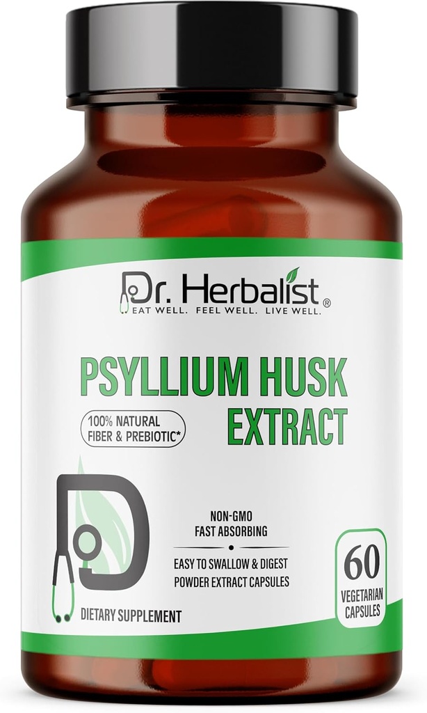 Dr. HERBALIST Psyllium Husk Extract 1000mg Per Serving (Plantago Ovata Fiber Supplement)– 60 Veg Capsules – Fast Absorption, Gentle on Stomach, Supports Digestion & Daily Fiber.