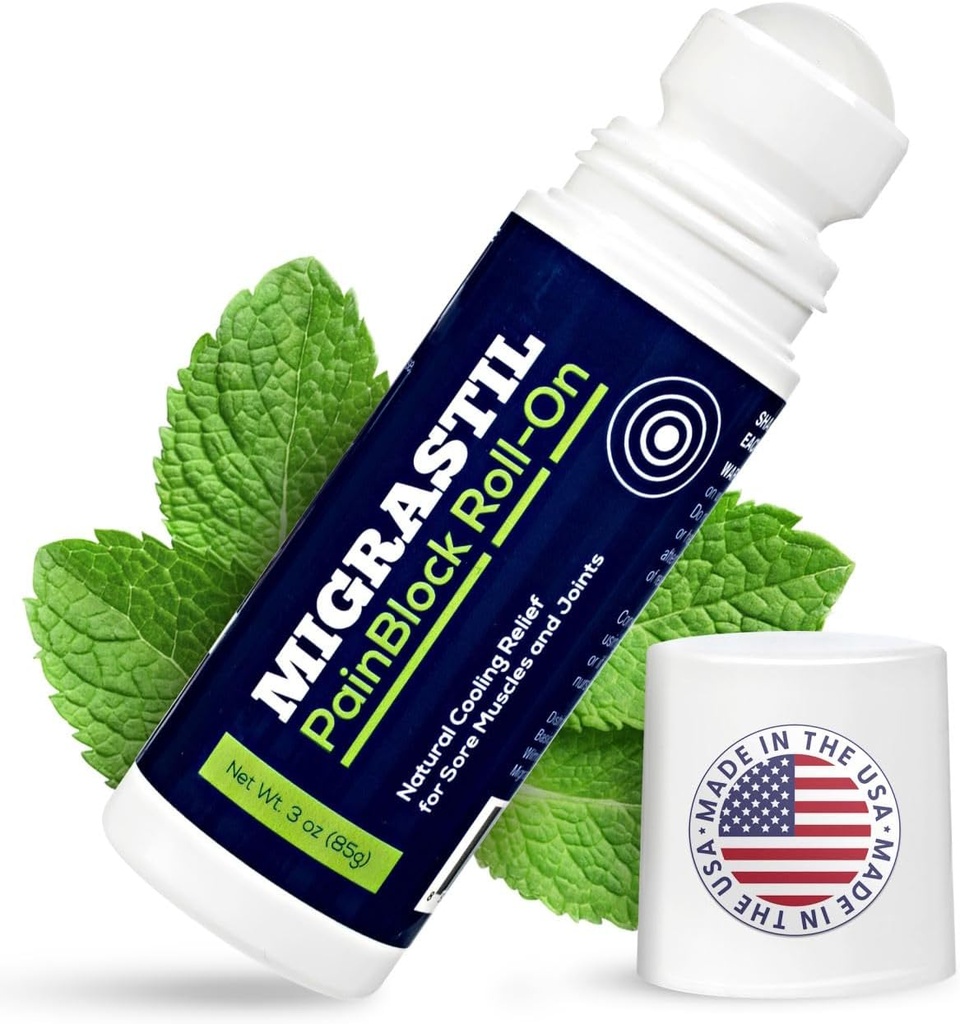 Basic Vigor Migrastil PainBlock Roll-On, 3 onces - Topical Roll-On pour les douleurs musculaires, les crampes, les articulations et le malaise nerveux. Fonctionne bien sur les épaules, le cou, les pieds, les genoux, les jambes, le dos, les elbows, les pieds, etc.