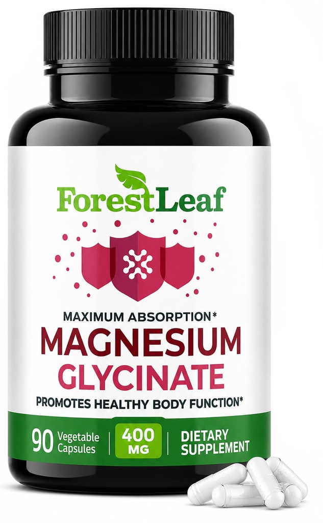 ForestLeaf Magnesium Glycinate 400mg for Sleep & Relaxation – High Absorption Magnesium Supplement for Muscle, Nerve, Heart & Bone Support – Gluten Free, Non-GMO – 90 Caps