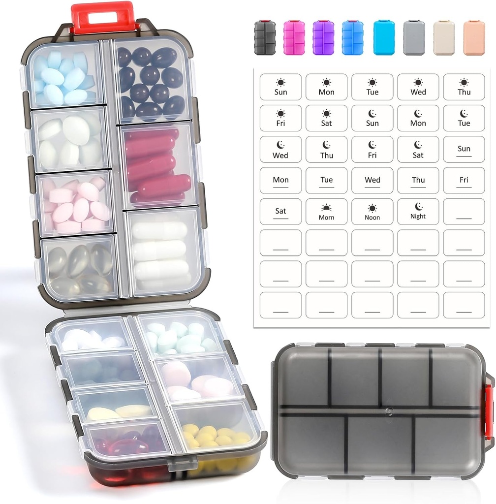 14 GRIDS Travel Pill Organizer Box with labels - Trousse de médicaments de voyage - Pocket Daily Pharmacie Conteneur - Distributeur de médicaments de voyage pour l'huile de poisson entreposage de supplément de vitamine - Gris clair