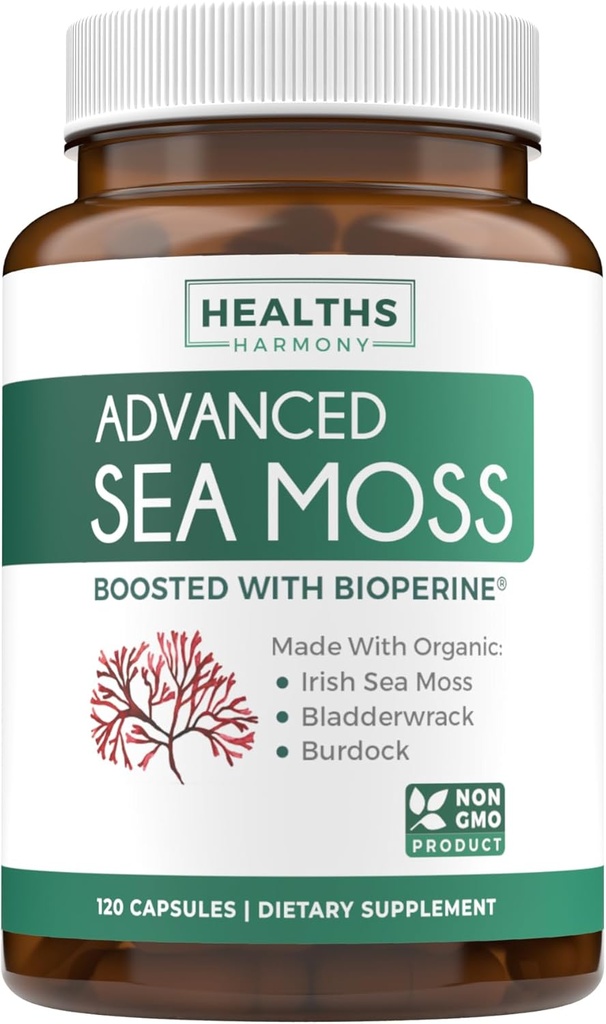 Capsules de mousse de mer d'Irlande biologique - Capsules de mousse de mer biologique avec racine de dard Bladderwrack et extrait de poivre noir pour l'absorption améliorée - Vegan non-OGM et fabriqués aux États-Unis (2 mois d'approvisionnement)