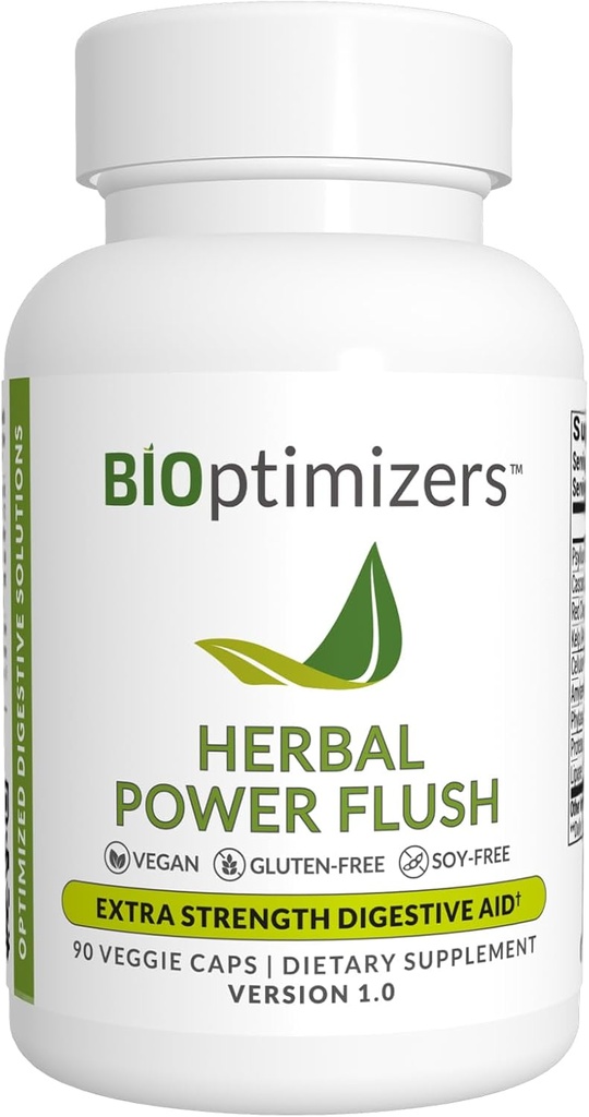 BIOptimizers Herbal Power Flush - Extra Strength Digestive Cleanse - Eliminate Toxins Improve Bowel Digestion - Bloating Discomfort Relief for Adults - 90 Capsules