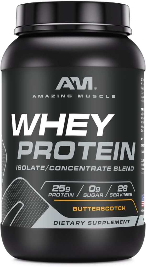 Amazing Muscle Whey Protein Isolate & Concentrate Supplement $ 25 G par portion $ 2 LB (0,90 Kg) $ Non-GMO $ Sans gluten Butterscotch Flavor