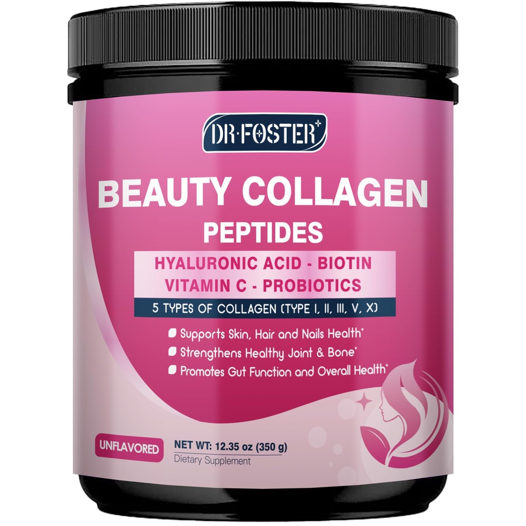 DRFOSTER Multi Collagen Peptides Powder for Women - Type I, II, III, V, X, Hydrolyzed Collagen Powder with Beauty Complex, Vitamin C & Biotin for Skin Hair Nail Joint, Non-GMO, 35 Servings