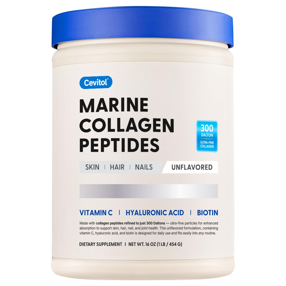 Peptides de collagène marin - Poudre de collagène ultra-fin hydrolysée pour femmes et hommes, acide hyaluronique, biotine, vitamine C, pour peau, cheveux, ongles, articulations, non-OGM, non aromatisé, facilement dissout, 16oz