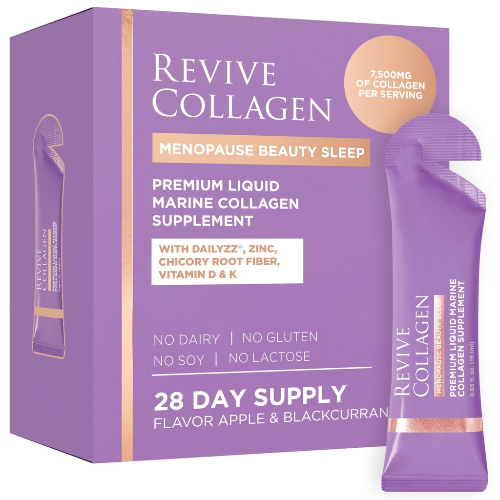 Revive Collagen Menopause Beauty Sleep — Hydrolyzed Marine Collagen Drink for Women, 7,500MG, Zinc, Chicory Root Fiber, Vitamin D & K, Supports Sleep Quality, Apple & Blackcurrant Flavour — 28 Packets