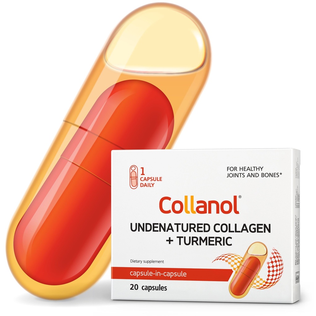 Collanol - Innovation in The Care of Healthy Joints – Liquid Formula in a Double Capsule. 3D Collagen + Micelle Extract of Turmeric Roots 1 Capsule/Day. Laboratory Tested