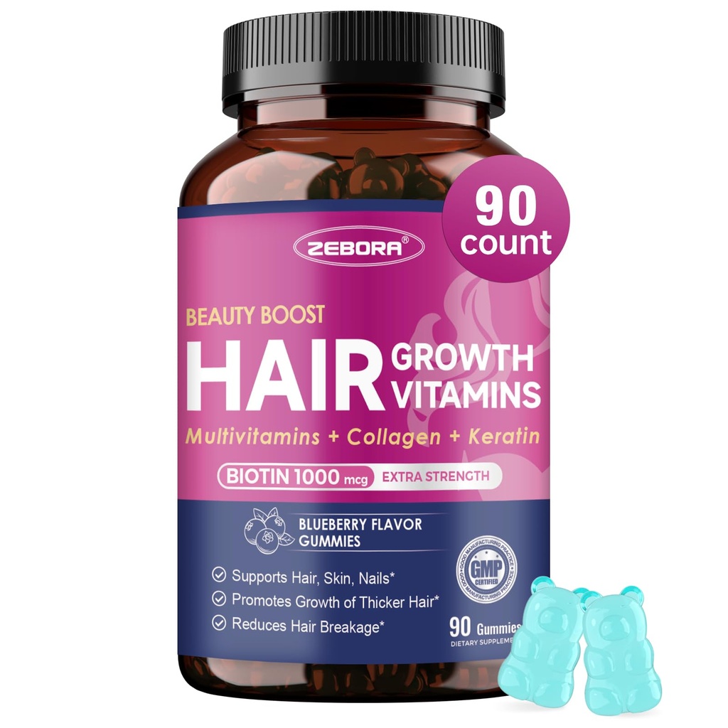 ZEBORA Vitamines de croissance capillaire avec biotine, kératine et collagène - Gommies de biotine avec mélange de soutien esthétique pour cheveux, peau et ongles - Vitamines capillaires véganes pour les femmes et les hommes - 90 Gommies de myrtilles, non-OGM