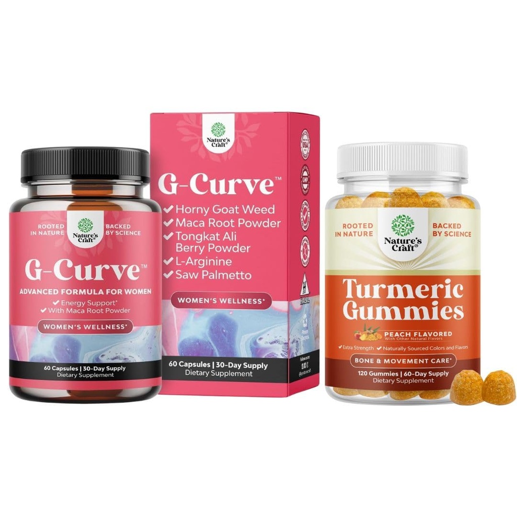 Bundle of G-Curve Butt and Breast Growth Capsules - Horny Goat Weed Muira Puama & Maca Root and Turmeric Gummies - Immune Support Gummies with Turmeric Curcumin, Black Pepper Extract and Ginger