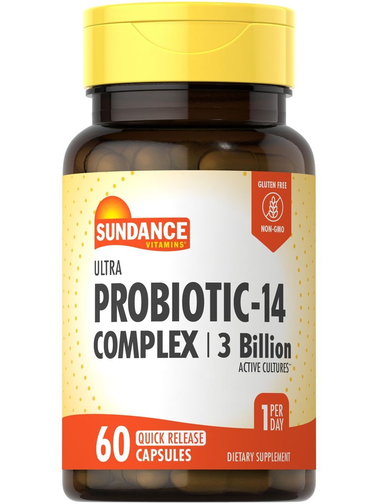 Complexe Sundance Probiotic-14 : 3 milliards de cultures actives 60 capsules Supplément sans OGM et sans gluten