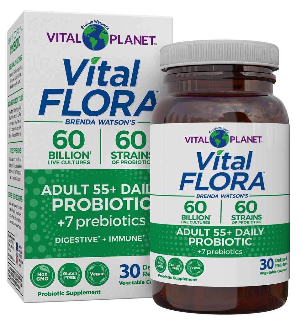 Planète Vitale - Flore Vital Adultes de plus de 50 Probiotiques quotidiens 60 Million CFU, 60 Straines diverses, 7 Prébiotiques organiques, Soutien immunitaire, Gaz, Probiotiques de santé digestif pour les femmes et les hommes, 30 Capsules