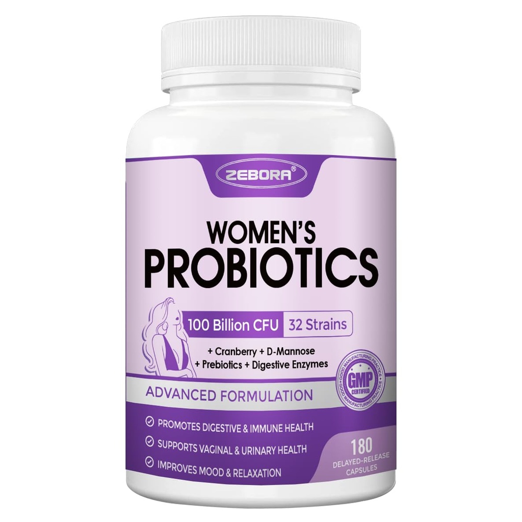ZEBORA Probiotiques pour les femmes en santé digestive avec enzymes, prébiotiques, probiotiques vaginaux, mannose D et canneberge, 100 milliards d'UFC probiotiques pour la santé de Gut et équilibre urinaire, 180 capsules de Veggie