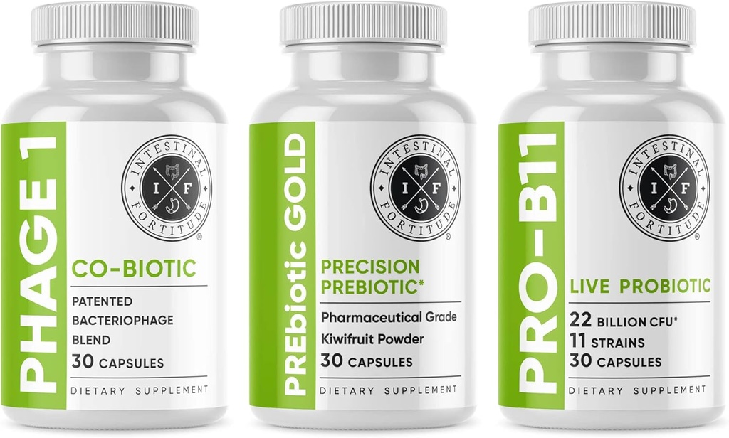 Supplément de santé à la Fortitude Gut intestinale - Prébiotique Gold, PRO-B11, Phage 1 - avec pectine de kiwi doré, SCFA et 22 milliards d'UCF pour le soutien au microbiome, le gluten, le soja et les capsules sans lait