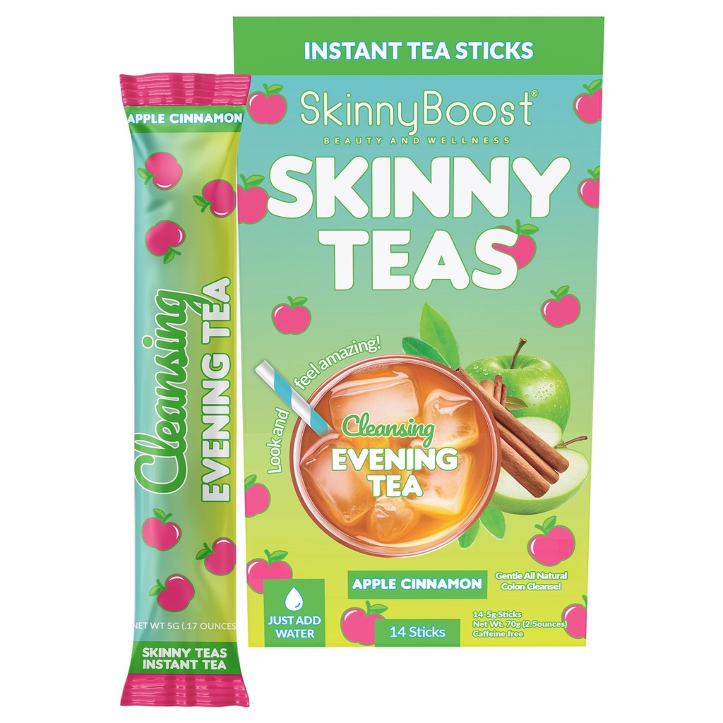 Skinny Teas Instant Tea Sticks – Cleansing Evening Tea – 14 Ct – Herbal Detox Blend with Colon and Body Cleansing Herbs Gentle Cleanse, Reduce Bloat (Apple Cinnamon)