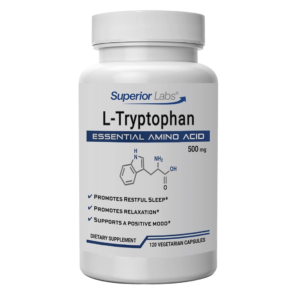 Superior Labs L-Tryptophan 500 mg Capsules, Pure Non-GMO Amino Acid, High Absorption, Supports Sleep and Mood, Helps with Occasional Stress, PMS Support, 120 Veg Caps