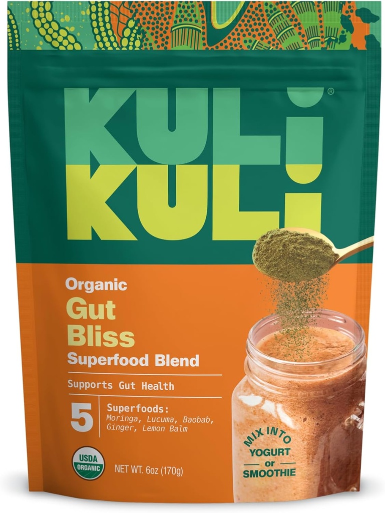 Kuli Kuli Gut Bliss Superfood Powder [6 oz] - Mélange puissant de Moringa biologique, Baobab, Lucuma, Ginger et Lemon Baume - Promouvoir la digestion, apaiser l'estomac et stimuler la santé Gut