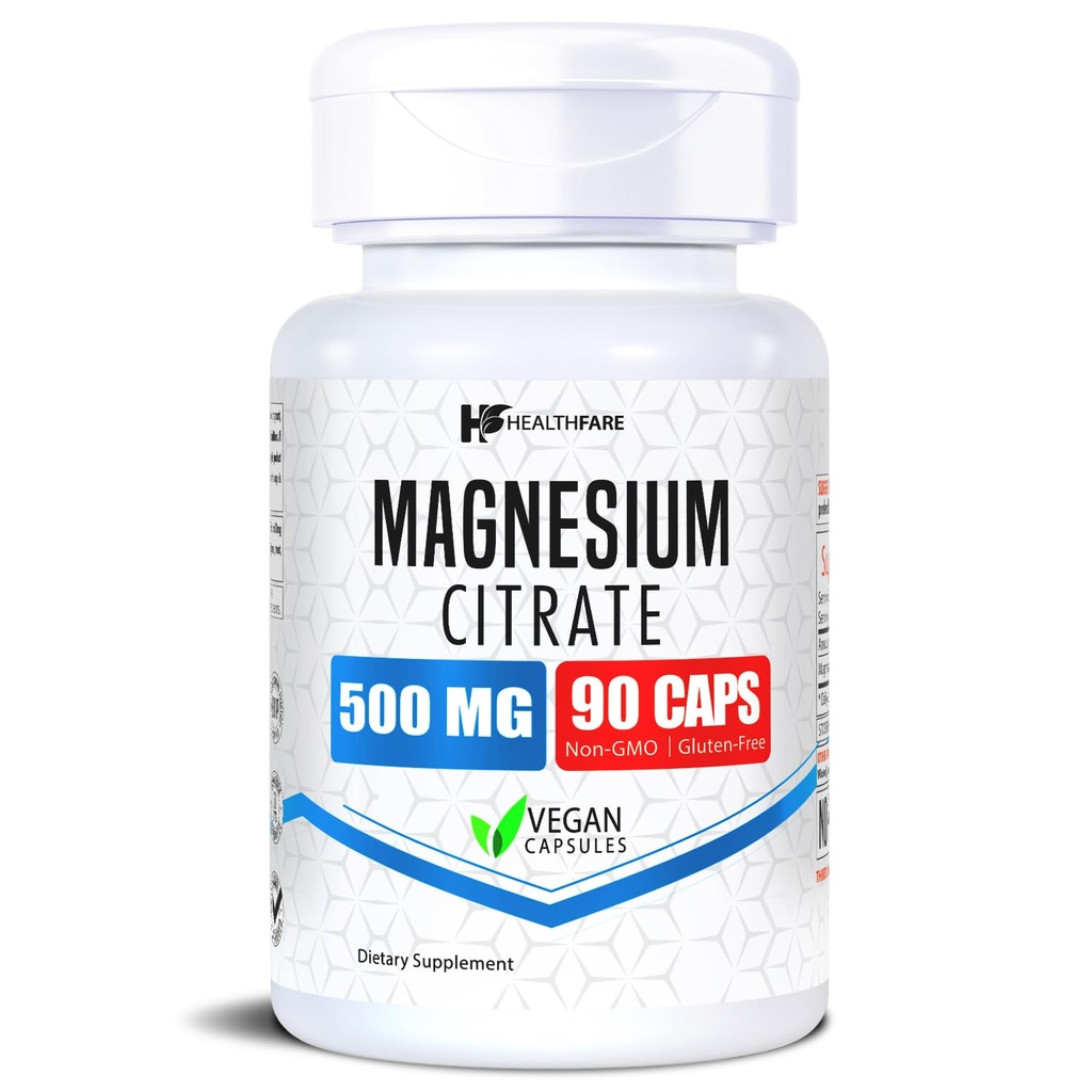 HealthFare Magnesium Citrate Capsules 500mg | 90 Vegan Pills | High Absorption Essential Mineral Supplement | Extra Strength Formula | Non-GMO, Gluten-Free, Made in USA