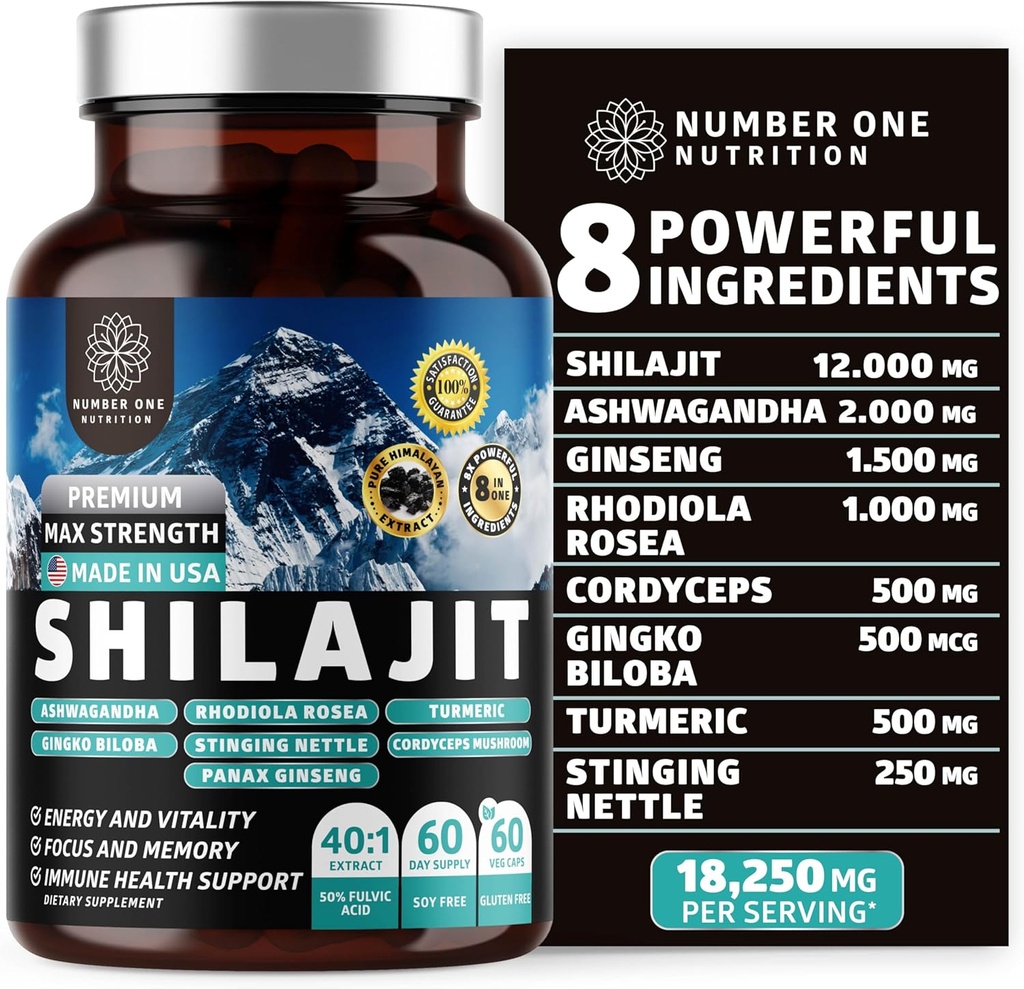 Pure Himalayan Shilajit pour les femmes et les hommes [Acide Fulvic à 50%] Mieux que la résine avec Ashwagandha, Ginseng, Turmeric, Gingko Biloba, Sting Nettle, Cordyceps pour soutenir l'énergie et l'immunité, 60Caps