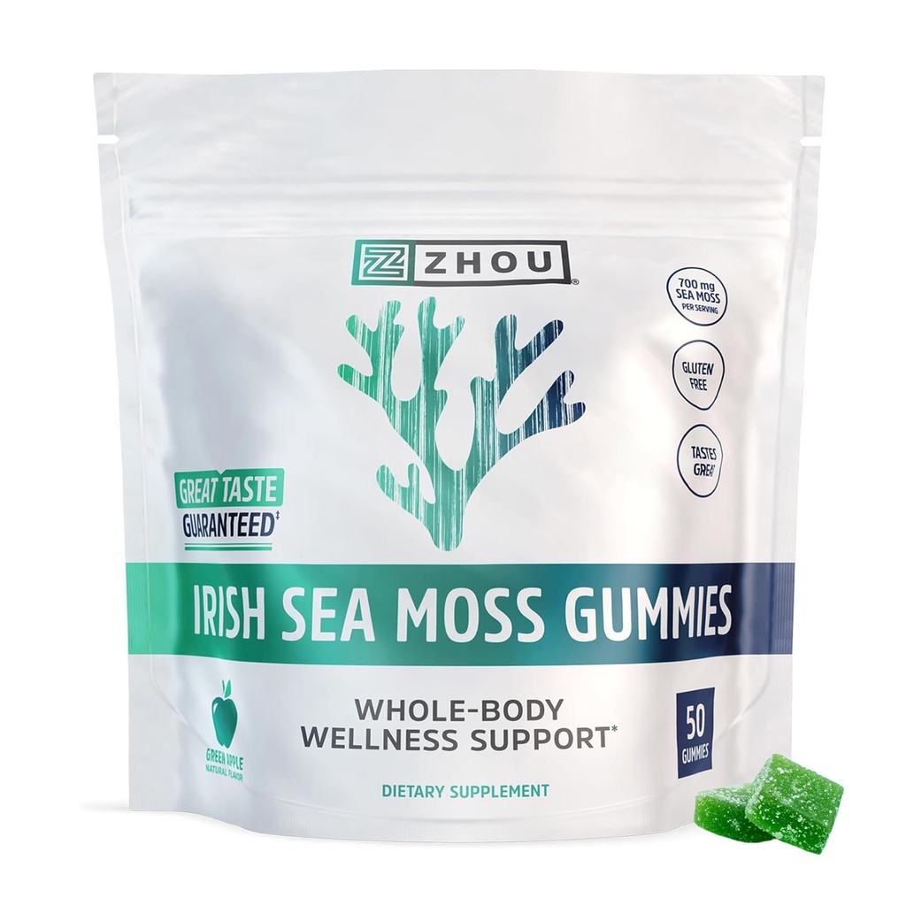 ZHOU Irish Sea Moss Gummies for Women & Men - 700 mg Sea Moss Extract, Daily Whole Body Wellness Support, Vegan, Gluten Free, Natural Green Apple Flavor - 50 Count