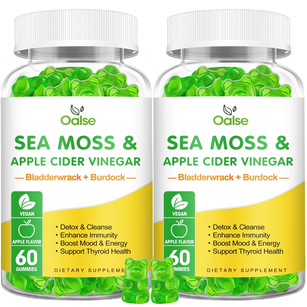 Sea Moss Gummies - 1800mg Irish Sea Moss + 1200mg Bladderwrack + 240mg Burdock Root + 240mg Apple Cider Vinegar - Supports Immune & Digestion Health [60 Count (Pack of 2)]