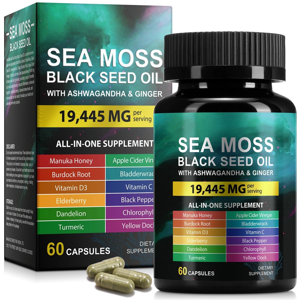 Sea Moss Black Seed Oil Ashwagandha Ginger, Sea Moss Capsule Supplement with Turmeric Burdock Root Bladderwrack Vitamin C Vitamin D3 Black Seed Oil Capsule 60 Count