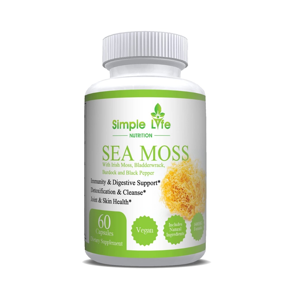 Organic Irish Sea Moss Capsules 1400MG - Advanced with Burdock Root, Bladderwrack & Black Pepper - Immune System, Gut & Thyroid Cleanser Sea Moss Gel Powder Supplement - 60CT