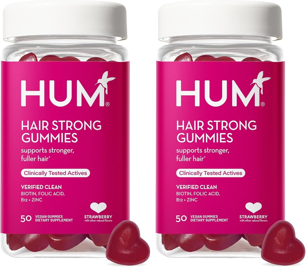 HUM Cheveux forts - Gommies quotidiennes avec biotine pour améliorer la croissance des cheveux - Fo Ti, acide folique, zinc, vitamine B12 et PABA pour soutenir les cheveux, la peau et les ongles sains pour les femmes et les hommes (approvisionnement de 50 jours)