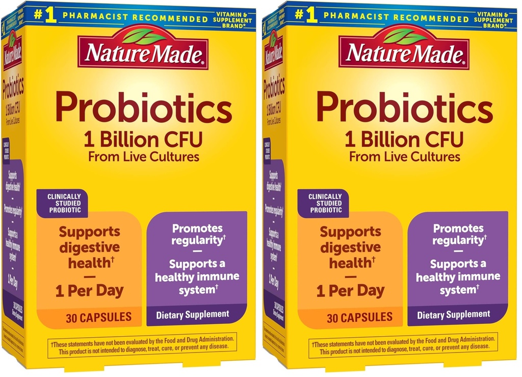 Probiotiques faits de la nature pour les femmes et les hommes, Capsules probiotiques 1 milliard UFC de cultures vivantes pour le soutien immunitaire et digestif, 30 capsules, 30 jours d'approvisionnement, (paquet de 2)