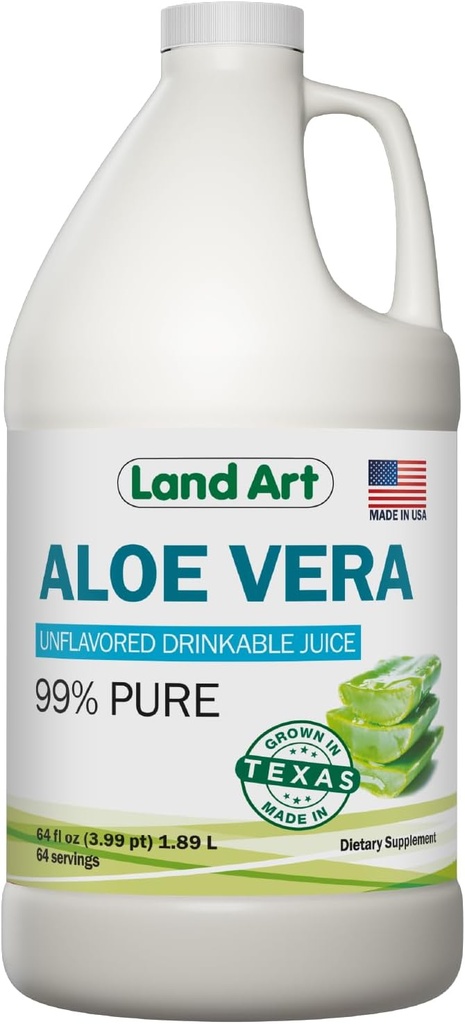 Land Art - Pure Aloe Vera Juice Unlavored – Cold-Processed - 99,7% Aloe Vera Bio Filet intérieur de feuilles fraîches du Texas – Digestive Health, Detox and Natural Wellness – 64 fl oz