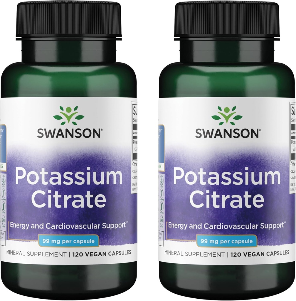 Citrate de potassium de Swanson - Supplément minéral Promouvoir la santé cardiaque et le soutien énergétique - Aides Fonction optimale de nerf et de rein avec des ingrédients naturels - (120 Capsules, 99mg chacun) (2 Pack)