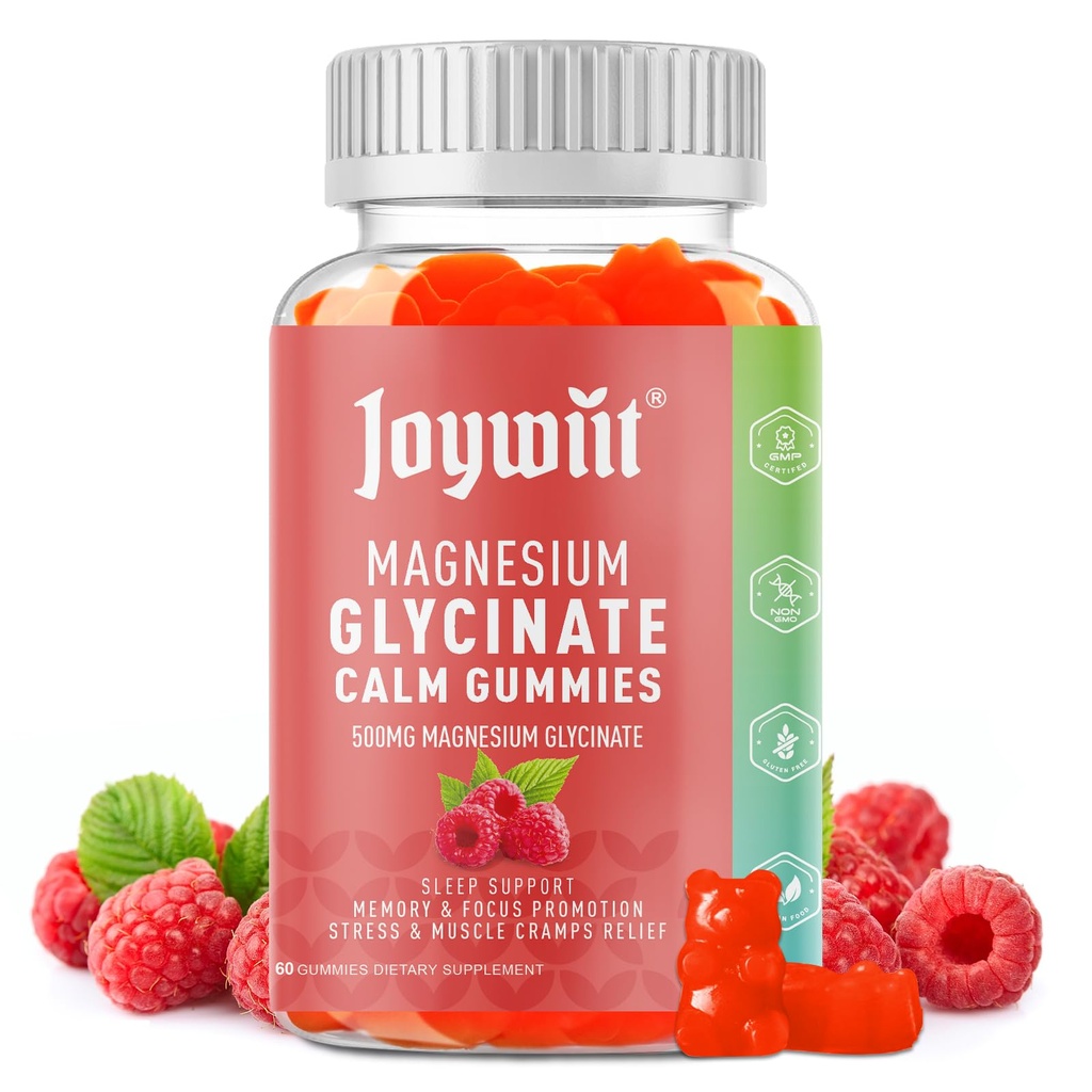 Magnésium Glycinat Gommies 500mg Supplément de magnésium Gommies, Thréonate 200mg, Vitamine D,B6,B12,Calm Mood, Muscle Relief, Nerve Health, Bone Support- 60 comtes