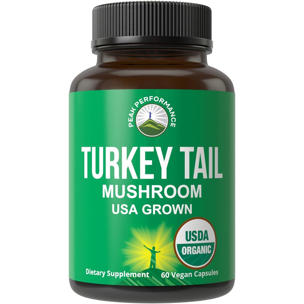 Peak Performance Organic Turkey Tail Capsules - USA Grown Made with Real Turkey Tail Mushroom. Système immunitaire Soutien naturellement récolté des compléments de champignons pour l'immunité. Extrait de supplément végétalien