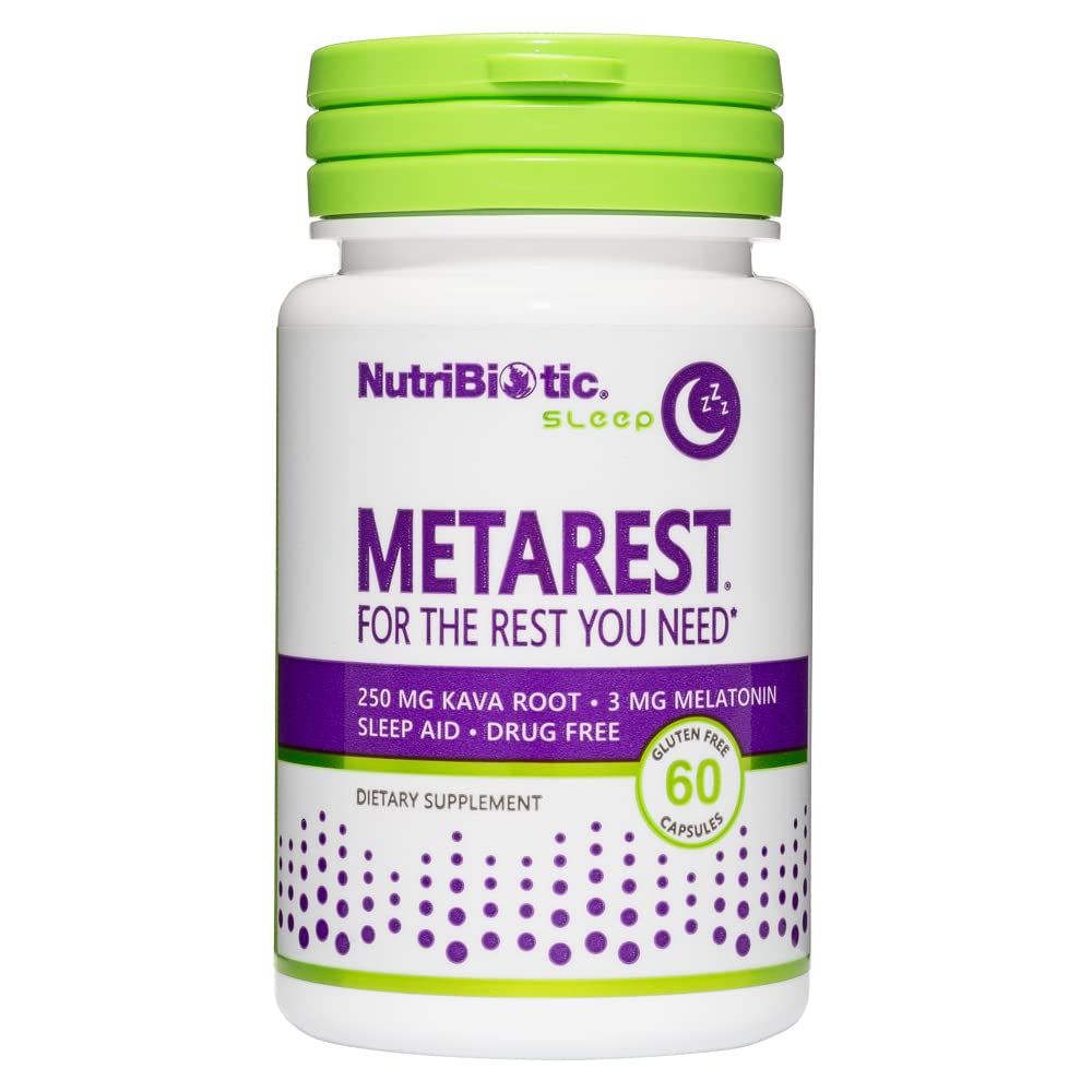 NutriBiotic – MetaRest, 60 Capsules | 3 Mg Melatonin & 250 Mg Kava Root to Support Restful Sleep | Highly Absorbable Drug-Free Sleep Support | Gluten-Free & Made Without GMOs or Preservatives