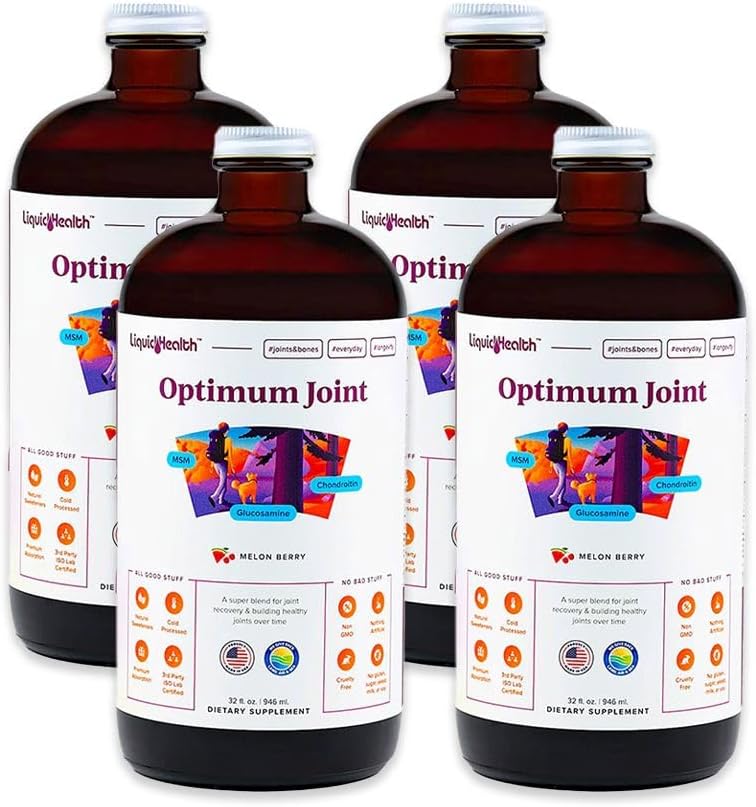 LIQUIDHEALTH Optimum Support pour multivitamine liquide avec Glucosamine, Chondroïtine, MSM, Hyaluronique Acid - Augmenter la mobilité, le confort des articulations, pour les coureurs et les athlètes - Fabriqué aux États-Unis, Vegan (4 Pack)