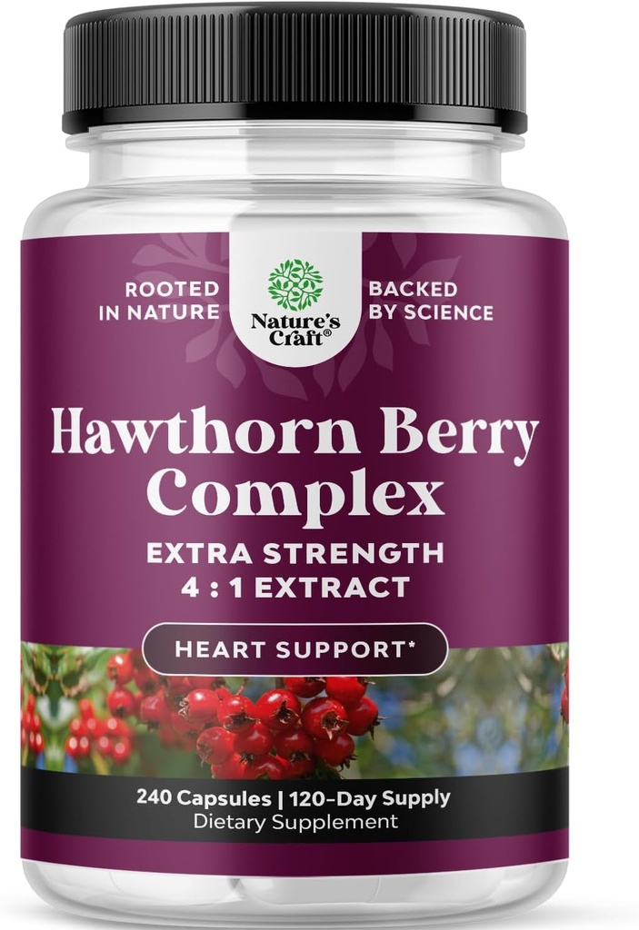 Capsules de Berry Hawthorn haute résistance - Supplément de Berry Hawthorn antioxydant pur avec extrait de feuilles et de fleurs 4:1 pour le coeur sain et la digestion - Soutien énergétique pour les hommes et les femmes - 240 Count Pack
