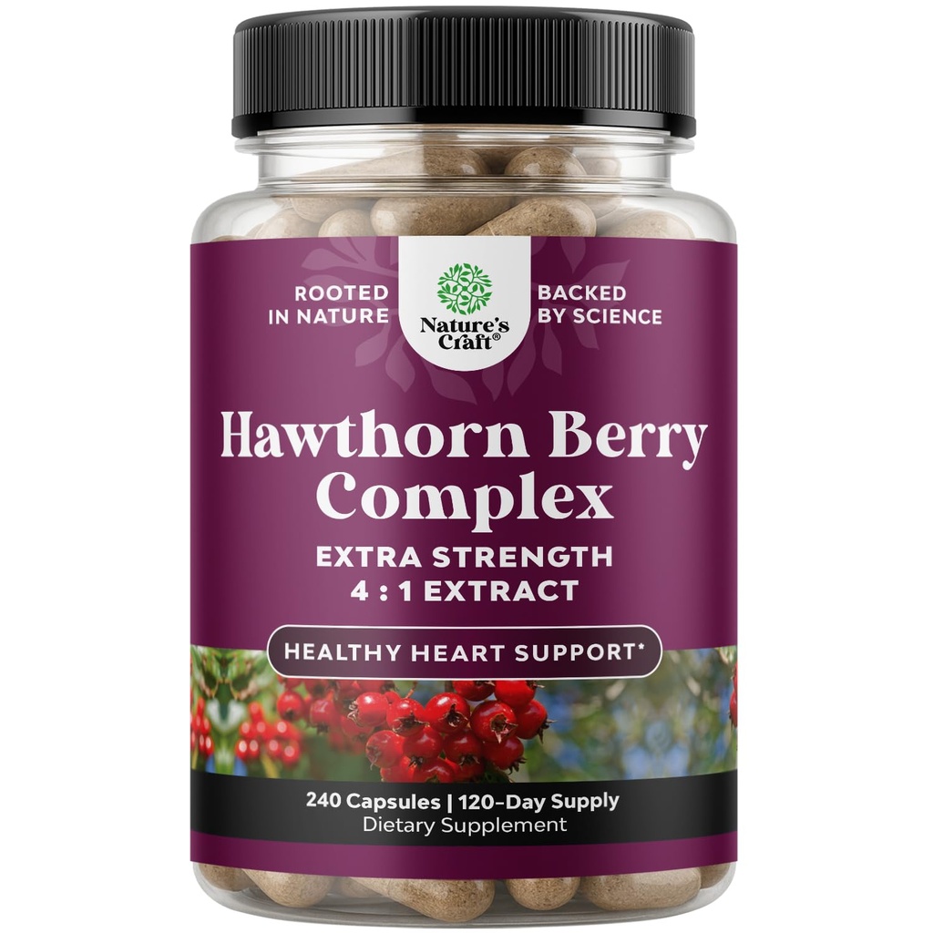 Capsules de Berry Hawthorn haute résistance - Supplément de Berry Hawthorn antioxydant pur avec extrait de feuilles et de fleurs 4:1 pour le coeur sain et la digestion - Soutien énergétique pour les hommes et les femmes - 240 Count Pack