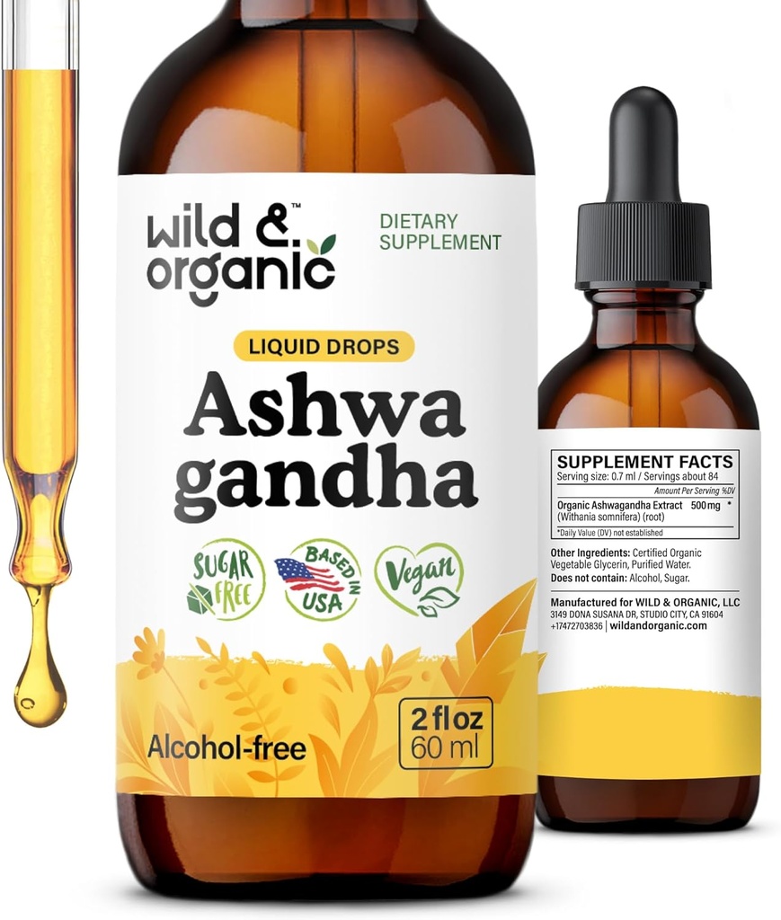 Wild & Organic Ashwagandha gouttes liquides - Apaisant l'extrait de racine Ashwagandha pour la relaxation - 1-Mois d'approvisionnement - Suppléments à base de plantes pour les femmes et les hommes - Teinture végétalienne, sans sucre et sans alcool - 2 fl oz