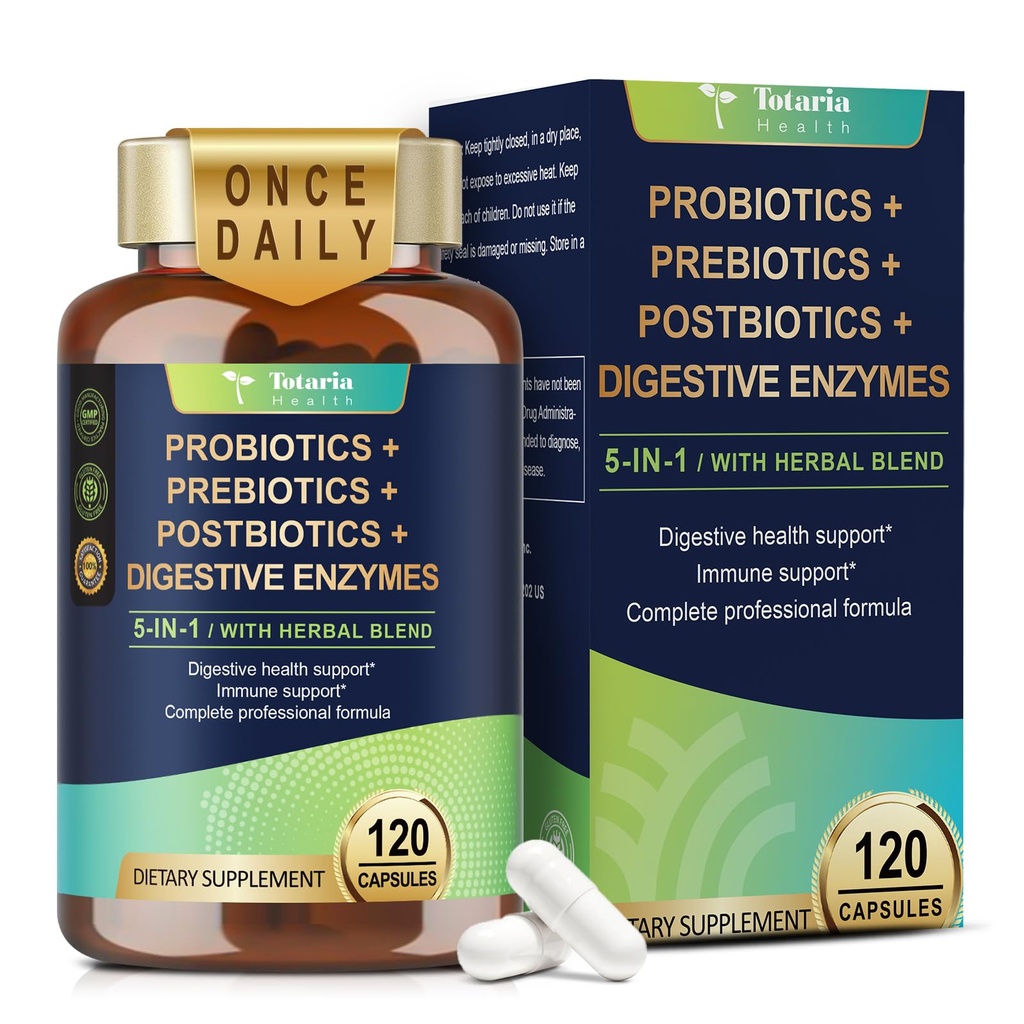 Totaria 5-en-1 60 Million CFU Probiotique Prébiotique et postbiotique pour les femmes et les hommes, avec/enzymes digestives, Elm slippery, Gut Santé quotidienne complète, Soutien digestif et immunitaire, 4 mois d'approvisionnement, Vegan