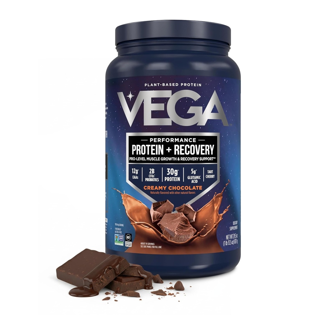 Vega Sport Poudre de protéines végétales + Récupération - 30g Protéines végétales par portion, Chocolat, 19 portions, 5g BCAA, Probiotiques, Certifié NSF, Pour Shakes & Smoothies, 1.8lbs (Packaging May Vary)