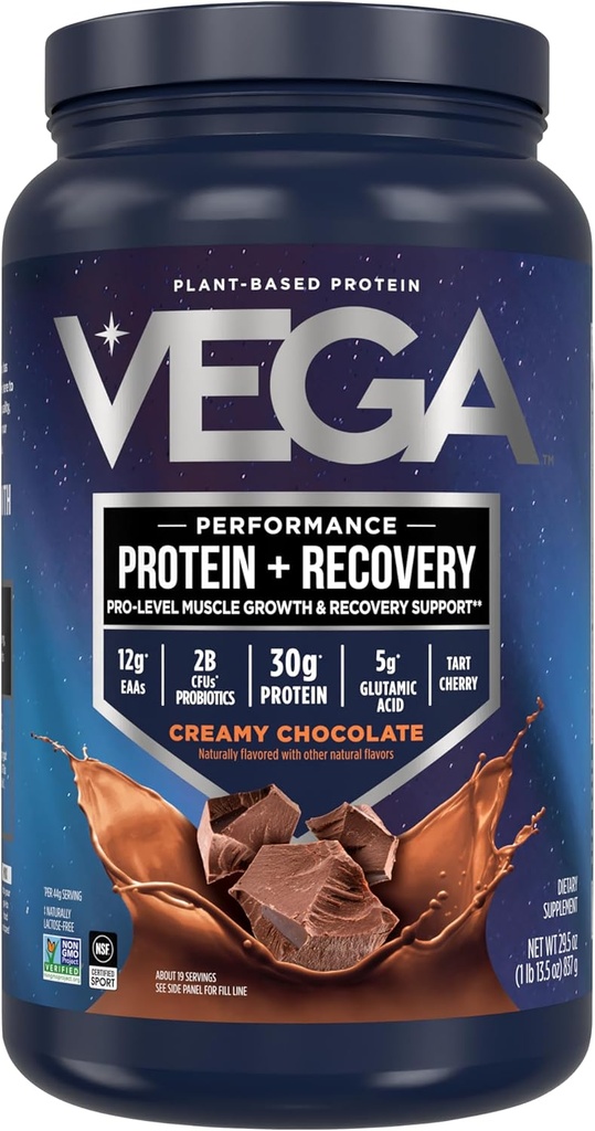 Vega Sport Poudre de protéines végétales + Récupération - 30g Protéines végétales par portion, Chocolat, 19 portions, 5g BCAA, Probiotiques, Certifié NSF, Pour Shakes & Smoothies, 1.8lbs (Packaging May Vary)