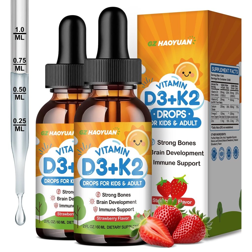 Vitamin D3 K2 Drops for Kids Liquid Vitamin D3 Supplement with Calcium, Omega 3, Zinc for Calcium Absorption Healthy Bones, Brain Development & Immune System, Non-GMO, Vegan, Strawberry Flavor 4 Fl Oz