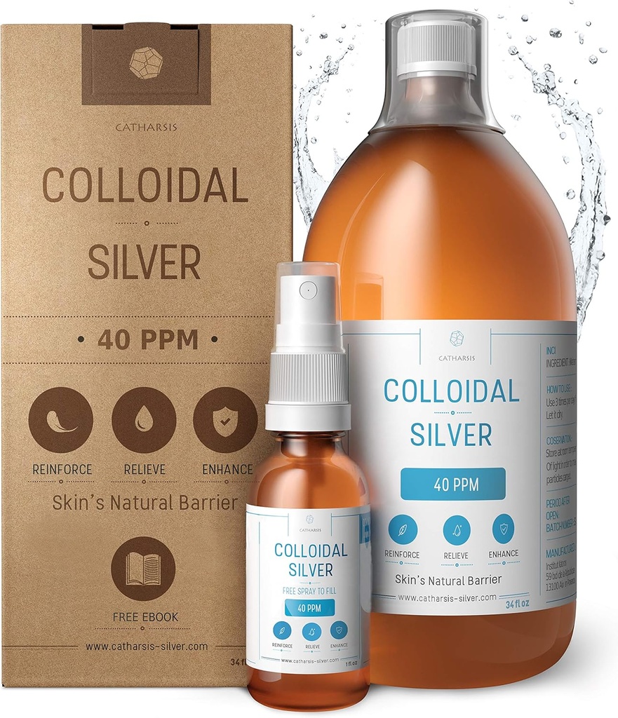 Argent colloïdal premium ● Formule de concentration optimale, particules plus petites, meilleurs résultats ● Certifié en laboratoire ● Argent liquide fabriqué dans l'UE ● Bouteille de pulvérisation gratuite pour remplir et Ebook (34 fl oz)