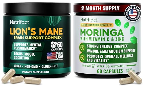 Lions Mane Supplement Capsules & Moringa Capsules - Complete Brain, Energy & Immune Support Complex - With Vitamin C, Zinc, L Theanine, L-Lysine, Vitamin B Complex - Vegan, Non-GMO, Made in USA