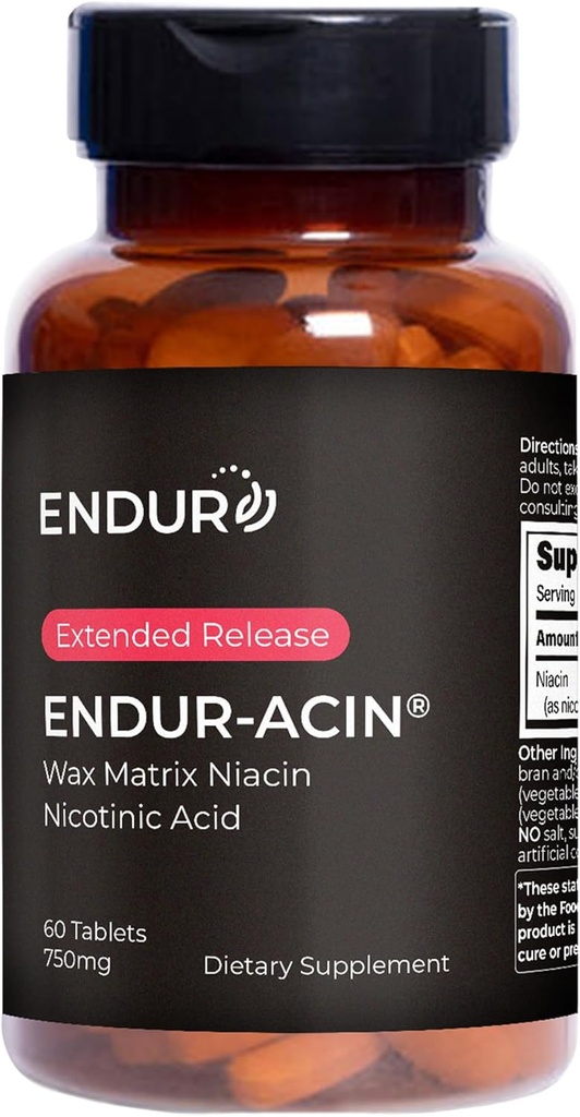 Produits d'endurance ENDUR-ACIN, Niacine à libération prolongée pour absorption optimale et niacine sans flush, suppléments de niacine Premium Vitamine B3, 750mg, 60 comprimés
