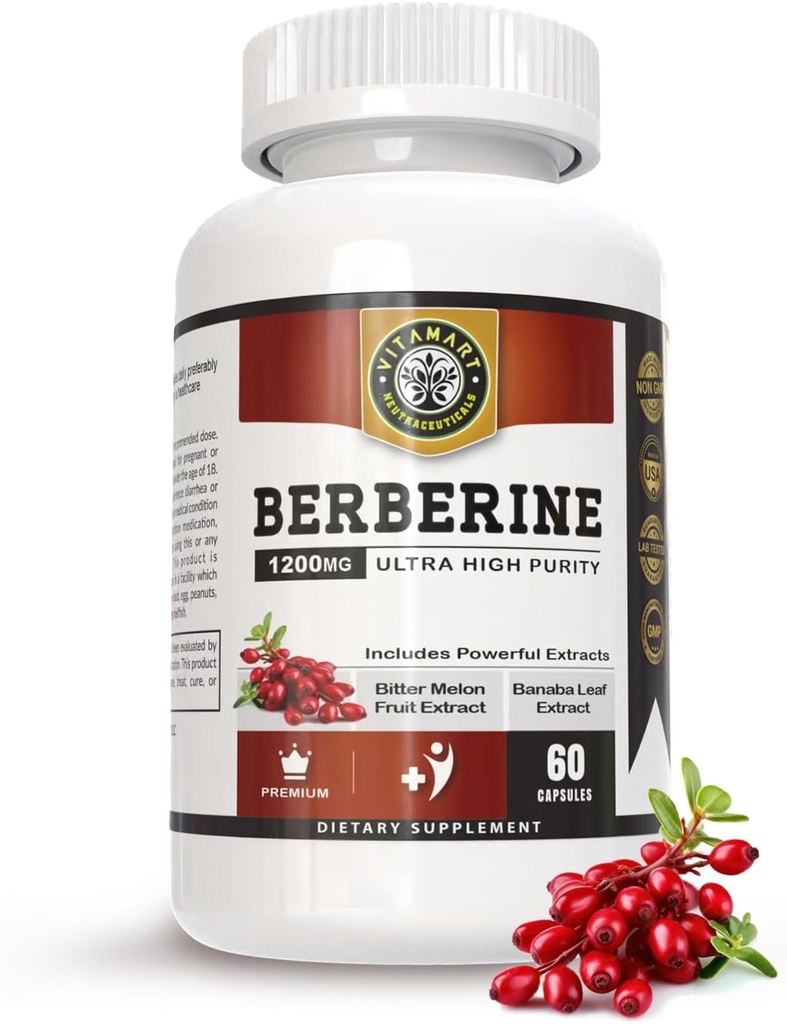 Berberine HCL 1200mg Premium, ultra-haute pureté, pur 60 capsules - Supplément berbère, supporte le système immunitaire, Berberine Plus amélioré avec des fruits mélons amers et extrait de feuille de Banaba
